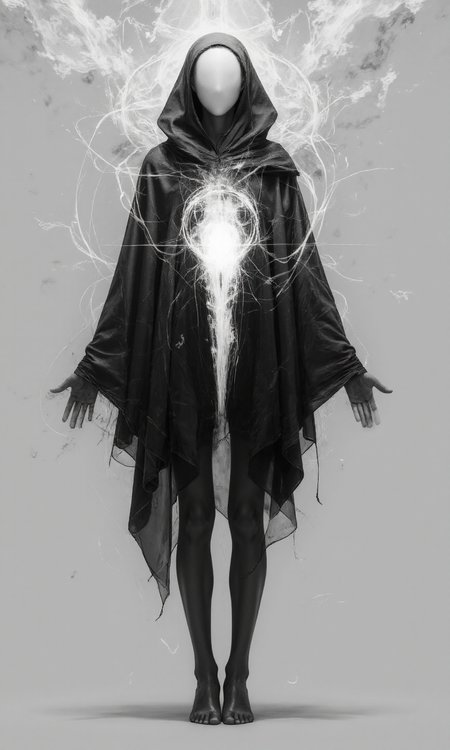 The digital artwork depicts a full-body view of a mysterious, cloaked figure, rendered in a futuristic, ethereal art style, with a monochromatic palette dominated by shades of white, light gray, and black, the figure's body pose is standing upright, facing the camera, with arms slightly outstretched, as if presenting or revealing something, creating a symmetrical and imposing composition, its face is completely obscured by a smooth, white, featureless mask or helmet that glows faintly, suggesting an otherworldly or robotic being, the figure is draped in a large, flowing, black cloak made of a translucent, almost smoke-like material, that billows around its form, revealing a glowing, white, energy-like core at its chest, this core is intricately detailed, resembling a network of circuits or a futuristic power source, emitting a bright, white light that illuminates the surrounding cloak, the background is a plain, light gray, with subtle, white, wispy patterns that resemble clouds or energy fields, enhancing the sense of ethereal mystery, the lighting is primarily focused on the figure's glowing head and chest, creating a strong contrast with the dark cloak and highlighting the otherworldly elements, The figure's form is slender and androgynous, with the cloak's flowing lines adding to the sense of graceful, almost supernatural movement., <lora:FLUX-daubrez-DB4RZ-v2:0.3> DB4RZ, DB4RZ style painting
<lora:aidmaRealisticSkin:0.8> aidmarealisticskin