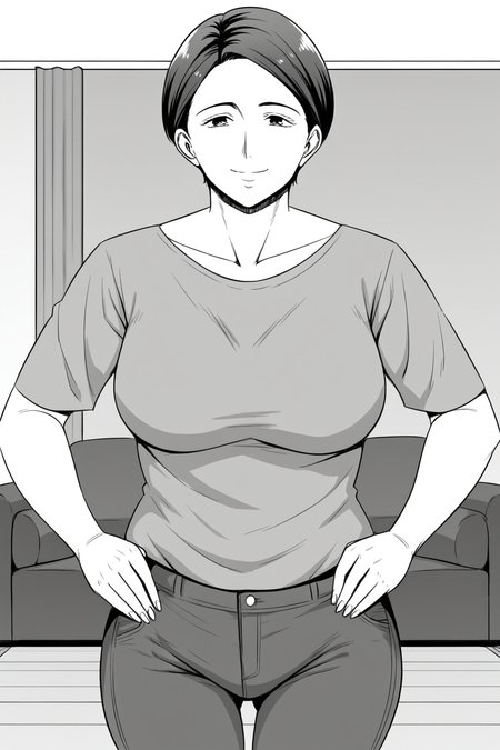 <lora:Tamagou-gibo:1>gibo,1girl,solo,short hair,greyscale,mature female,breasts,shirt,pants,cowboy shot,hands on own hips,looking at viewer,living room,indoors,smile