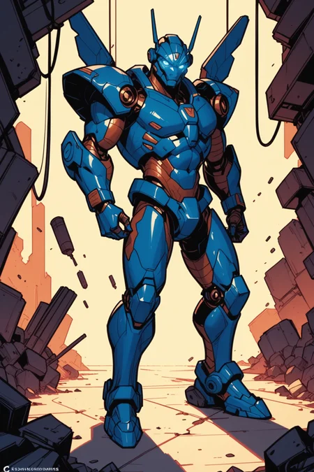 glowing, science fiction, glowing eyes, robot, cable, blue eyes, solo, no humans, looking at viewer, straight-on, standing, humanoid robot, mecha, open hands, a_Comic_Illustration, rough lines with ink, (drawn:1.1), (sketch:1.5), (crosshatching:1.25), (comic style:1.1), graphic novel style, sharp lines, hires, zstyle, (western comics \(style\):1.1), (hatching \(texture\):1.2), zPDXL, Mr_Monster_Possitive, <lora:Expressive_H:0.5>, score_9, score_8_up, score_8_up,