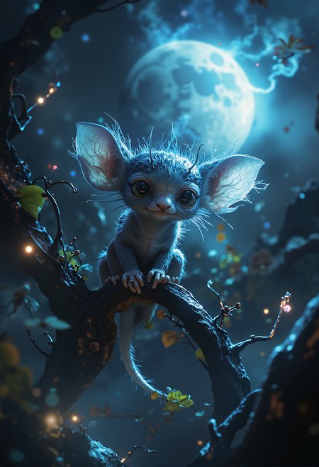 A whimsical and enchanting scene featuring a tiny, big-eyed creature perched on a twisted branch in a dense, mystical forest. The creature has a delicate, almost otherworldly appearance, with large, shiny eyes and translucent, bat-like ears that catch the soft moonlight. Its skin is textured and slightly rough, giving it an ancient, wise look despite its small size. In the background, a large, luminous blue moon casts a gentle glow over the scene, highlighting the intricate details of the creatureâs form. The forest around is filled with strange, surreal flora with faintly glowing leaves and tendrils, creating a magical, fairy-tale atmosphere. <lora:Magic_of_Art_\(FLUX\).safetensors:0.9>,  <lora:black_fantasy.safetensors:0.5>,  <lora:ARTifacts.safetensors:0.5>,