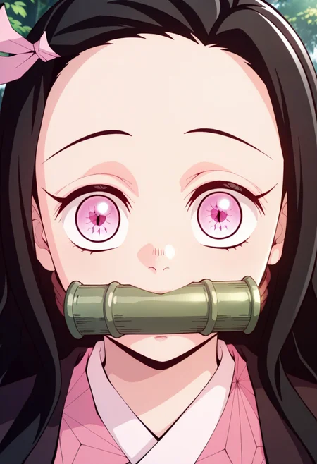 newest, masterpiece, best quality, 4k,
outdoors, very aesthetic, detailed background, face focus,
1girls, solo,   <lora:Nezuko Kamado - Demon Slayer:1> nezuk0, kamado nezuko, black hair, multicolored hair, long hair, pink eyes, pink ribbon, japanese clothes, pink kimono, checkered sash,  haori, gagged, bamboo bit gag