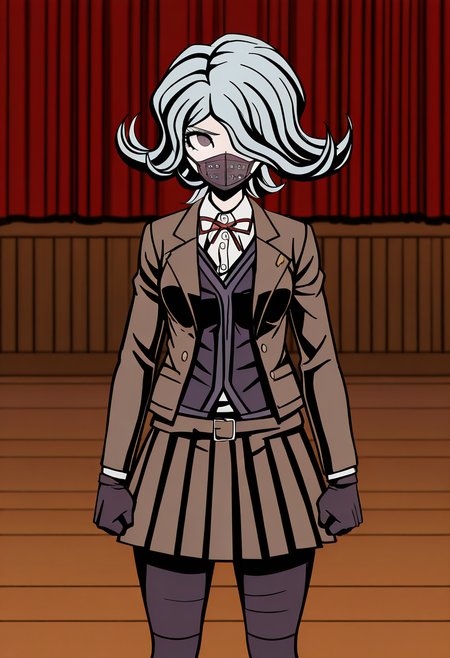 (((solo))), masterpiece, best quality, modern, modern anime, danganronpa_(series),<lora:Seiko_Kimura_Illustrious:1>, In the art style of Rui Komatsuzaki, artist: Rui Komatsuzaki, Danganronpa sprite style. . Seiko Kimura is wearing her despair arc Hope's Peak Academy uniform. She's wearing a brown blazer over a dark purple vest with a dark red bow at the collar. She's wearing a brown pleated skirt with a dark brown belt worn over her purple vest. She has on dark grey stockings going just above her knee and her hands are covered with dark purple gloves. Seiko is wearing her dark purple respirator mask covering her mouth and she has her shoulder length grey hair. Her hair covers her left eye.  In the gymnasium with its wooden floor and white circle marking, Seiko Kimura has set up a temporary medical station near the stage with red curtains. The warm, yellow stage lights illuminate her workspace where she's organizing first aid supplies and medicine bottles. She stands out against the dark backdrop as she prepares for an upcoming school event, her characteristic anxiety showing in her careful, repeated checking of each medical supply.