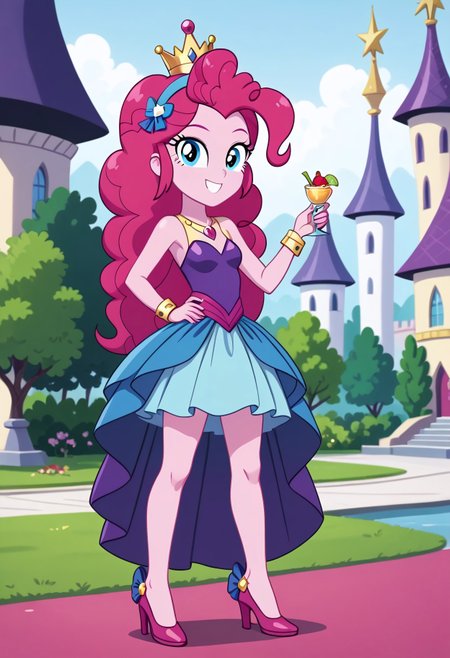 score_9, score_8_up, score_7_up, score_6_up, from My Little Pony Equestria Girls, a very young little human girl Pinkie_Pie wearing a fit blue|sky|green|brown|darkpurple|red|yellow gradients colors short princess dress, elegant detailed princess shoes, solo, 1girl, little princess girl, gradient dark pink hair with crown hairband, smile, childhood, looking at viewer, glow detailed eyes, garden of canterlot, tul, chiffon, laces, semi realistic cartoon, unreal engine 5,  full body close-up, absurdres, digital art, soft light, perfect hands, perfect, hands, perfection, soft pink skin, skyblue eyes, party accesories and shoes, jewelry, tres chic,<lora:age_slider_v4:-4>,