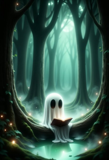 Ghostlystyle, Image is a digital illustration featuring a whimsical and ethereal style. It depicts a small ghost-like figure with a white, flowing sheet-like body and large, round black eyes, sitting by a misty, reflective pond in a dark, enchanted forest. The ghost is holding an open book, suggesting a sense of curiosity or storytelling. The background is filled with tall, shadowy trees and a soft, greenish-blue mist that creates a mysterious and magical atmosphere. Small glowing orbs, resembling fireflies, are scattered throughout the scene, adding to the enchanting ambiance. The overall color palette is muted with shades of green, brown, and white, enhancing the mystical and serene mood of the illustration.