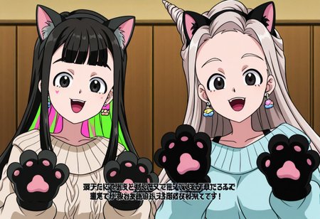 zPDXLx, mur4k4mi-ip,anime screencap,anime art style,beyblade series,beyblade x,2girls,yuni namba,multi nanairo,jewelry,animal ears,earrings,smile,animal hands,long hair,paw gloves,black hair,multicolored hair,gloves,fake animal ears,cat ears,open mouth,bangs,looking at viewer,cone hair bun,cat paws,pink hair,:d,sweater,black eyes,parody,grey hair,blunt bangs,casual attire
