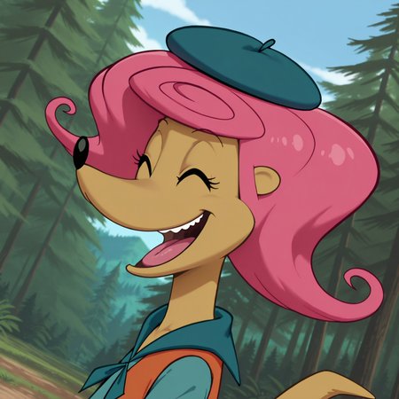 8k, uncensored, masterpiece, best quality, highly detailed, cartoon, 1girl, solo, PatsyCL, furry, anthro, mongoose, pink hair, black nose, tan skin, medium tail, dark-blue beret, blue topwear, scout outfit, (eyes closed,  forest, sky, side view, close-up, detailed background, flat chested, (afternoon), wide eyes, upper body, orange vest, (dutch angle), open mouth, tongue, teeth smile