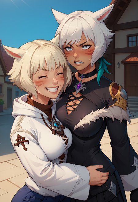 score_9,score_8_up,score_7_up, 2girls, breast press, hug,  cowboy shot, breast size difference, shtla, dark-skinned female, slit pupils, animal ears, tail, whisker markings, short hair, breast press, look-alike, <lora:YshtolaRhulPDXL_V1-Manityro-CAME:1.0>
1girl, happy, closed eyes, platinum blonde hair, arrOtft, turtleneck, hood, pendant, white dress, short dress, cross-laced, white sleeves, blue pants, excited, medium breasts, grin, 
1girl, annoyed, pushing away, resisting, clenched teeth, trembling, pushing, hand on another's chest,  leaning back, looking at another, large breasts, grey eyes, white hair, feather earrings, shaOtft, brooch, black halterneck, black choker, shrug \(clothing\), black dress, long dress, fur-trimmed dress, wide sleeves, black gloves, partially fingerless gloves, claw ring, laced-up boots