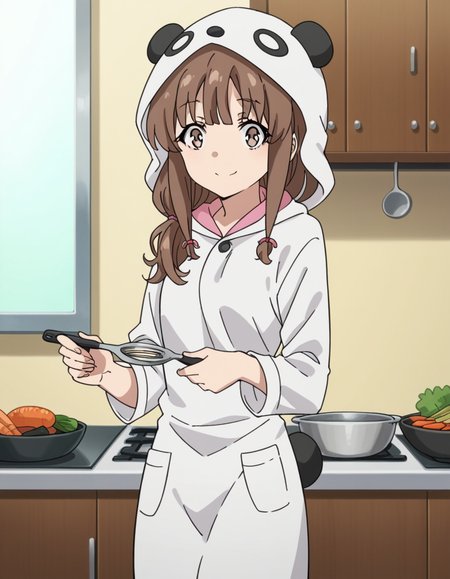 score_9, score_8_up, score_7_up, source_anime, <lora:kaede-azusagawa-s1-ponyxl-lora-nochekaiser:1>, kaede azusagawa, long hair, bangs, brown hair, brown eyes,, animal ears, tail, hood, pajamas, animal hood, animal costume, panda ears,, kitchen, cooking, apron, cutting vegetables, home cooking, smile, looking at viewer, solo,, cowboy shot, dutch angle