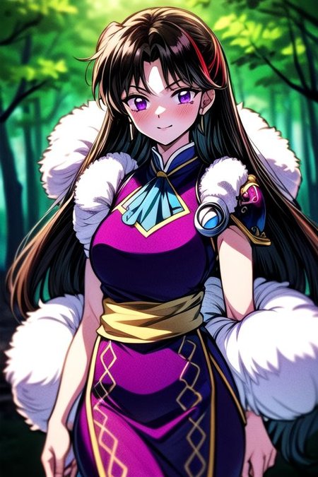 masterpiece,  best quality 1girl Setsun4 solo long hair,  (night time) forest background black hair very long hair purple eyes multicolored hair armor (fur trim) (medium body),<lora:EMS-179-EMS:0.800000>,<lora:EMS-293862-EMS:0.800000> bow, hair_bow, hair_tubes, red_bow, brown_hair, long_hair, bangs, ascot, frilled_bow, yellow_ascot, blush, smile, hair_between_eyes, athletic, armor, miko, ,(((intricate outfit,intricate clothes,embroidered outfit,ornate outfit,embroidered clothes,ornate clothes))),
