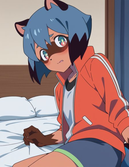 score_9, score_8_up, score_7_up, source_anime,
michirukagemori, <lora:michiru-kagemori-s1-ponyxl-lora-nochekaiser:1>,
michiru kagemori, short hair, black hair, animal ears, blue hair, multicolored hair, furry, furry female, raccoon ears, body fur, raccoon girl,  raccoon tail, tail,
shirt, jacket, white shirt, shorts, red jacket, blue shorts, track jacket,
indoors, bed, bed room, on side, blush, drunk,
solo, dutch angle, looking at viewer, cowboy shot,