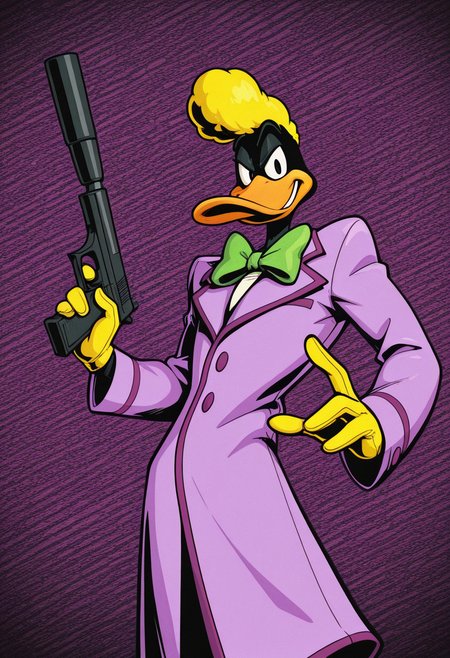 masterpiece, best quality, Graphic Design, color art, vibrant colors, colorful, intricate details, high contrast, detailed background, beautiful detailed, beautiful face, detailed eyes, detailed face, new, newest, z00td4ffy, 1boy, solo, male focus, furry, duck, black skin, beak, black eyes, yellow hair, pompadour, suit, formal, purple coat, yellow gloves, green bowtie, cowboy shot, dynamic pose, smirk, looking at viewer, holding weapon, pistol, suppressor, from below, low angle,
