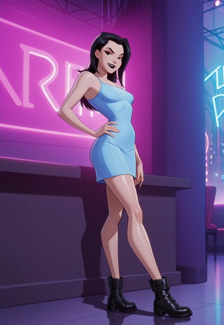 safe_pos, (score_9, score_8_up:1.1), score_7_up, 8k, masterpiece, high quality, extremely detailed, MarvelRivals, semi realistic, cartoon, danatan, 1girl, black hair, solo, long hair, black eyes, black lipstick, blue dress, bare shoulders, black boots, makeup, adult, cold soft lighting, shiny skin, perfect reflection, perfect lighting, perfect shadows, perfect anatomy, perfect chest, perfect hips, perfect legs and feet, perfect hands, perfect face, perfect eyes, perfect waist, perfect body, perfect face shape, perfect mouth, perfect hair, perfect waist, best quality, detailed hair, expressive eyes, sexy, long legs, slim body, (nightclub, neon lights,) seductive pose, raised eyebrow, seductive smile, looking at viewer, side view, hand on hip, close up,