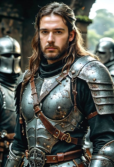 fluxenh4nce, 1boy, man, age 25, Dark Knight, detailed armor, detailed straps, buckles, black metal, bearded, long hair, scruffy, battleworn, intense,quad hd, raytracing, ambient occlusion, shaft of light, blurred background,, score_9, score_8_up, score_7_up, score_6_up
