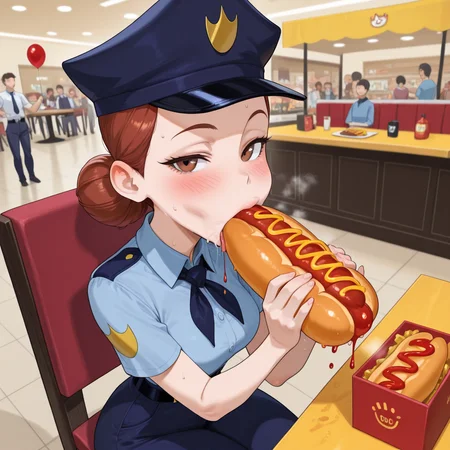 masterpiece, best quality, amazing quality, food court++, people in background, sitting, chair, table, food box, mall cop, kid holding balloon, children, shoppers, shopping bags, 1girl, brown hair, hair bun, hat, uniform, necktie, single hair bun, belt, pants, Eating a hotdog, 1girl, food, hot dog, blush, sexually suggestive, sweat, seductive, sexy, food play, dripping, stained uniform, ketchup in mouth, mustard in mouth, holding hotdog, tongue, drooling, 