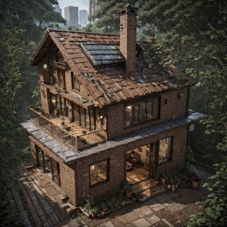 (a small house with chimney,  big window,  metal roof,  wooden floor:1.3),  (shot from outside,  extra long shot,  wide-angle lens,  POV,  DOF:1.2),  (direct sunlight,  dramatic lighting,  ray tracing,  clear shadow,  light pollution:1.1),  (harmonious color:1.1),  brickhouse, great lighting, shadowrun_character, shadowrun_dungeon, shadowrun_surface, shadowrun_dungeon_party, shadowrun_party, cyberpunk, netrunner, enforcer, shaman, oni, courier, neo-aztec, high-tech lowlife, masculine, feminine, OverallDetail, treehouse, void