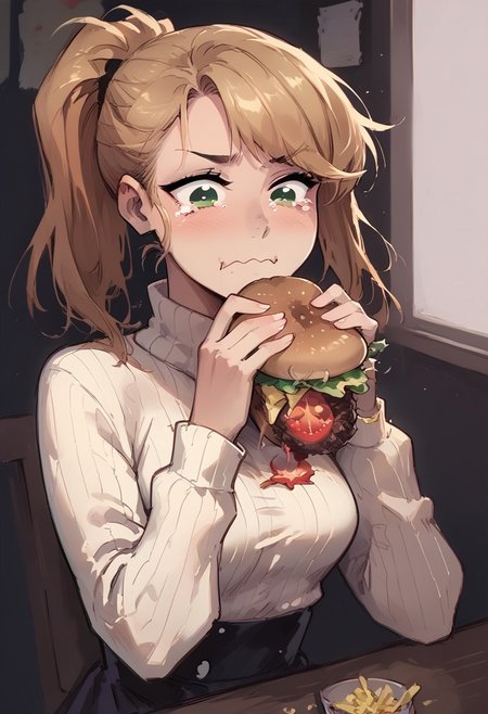 s  score_9, score_8_up, score_7_up,1girl, cute girl, sandy blonde hair, swept bangs, green eyes, ponytail hair, medium breasts, fit, thin waist, skinny, white wool sweater, restaurant, mcdonald's, dutch angle, aquacrying, wavy mouth, closed mouth, tearing up, eating cheeseburger, burger malfunction, tomato,messy,bacon,ketchup,fries