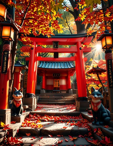 A breathtaking Inari shrine hidden within a serene Japanese forest during autumn. The scene is illuminated by the soft glow of traditional stone lanterns, casting warm golden light on the vibrant red torii gates that form a mesmerizing tunnel leading up the shrineâs stone steps. The ground is covered with delicate fallen maple leaves in shades of crimson, orange, and yellow. Kitsune (fox) statues with intricate details guard the entrance, wearing red bibs symbolizing their sacred role. The shrineâs wooden structure is adorned with ancient calligraphy and shimenawa ropes, exuding a mystical and spiritual atmosphere. Sunlight filters through the dense foliage, creating a tranquil interplay of light and shadow. The air feels crisp and filled with a sense of reverence and peace. The image is captured in a hyper-detailed, photorealistic style, with high dynamic range lighting enhancing the depth and richness of the colors.
<lora:SDXLFaeTastic2400:0.4> <lora:extremely_detailed:0.4> extremely detailed, <lora:Inari_shr1n3:1>,Inari shr1n3, Masterpiece,best quality,hi res,8k,hi res,8k,award winning,(sharp focus, intricate, highly detailed),