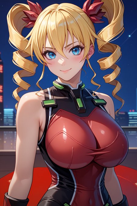 score_9, score_8_up, score_7_up, score_6_up, source_anime, 1girl, solo, <lora:claireharvey-pdxl-nvwls-v1-000005:1> clrhrvy, twintails, twin drills, blonde hair, blue eyes, red leotard, red bodysuit, bare shoulders, portrait, gloves, bracelets, huge breasts, upper body, looking at you, smile, blush, closed mouth, night sky, city, skin tight