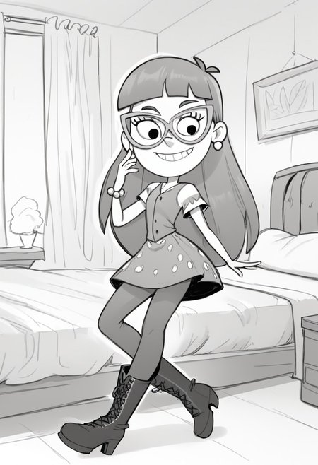 score_9, score_8_up, score_7_up, BREAK flufsk, monochrome, grayscale, VicSol, 1girl, long hair, blunt bangs, black eyes, glasses, pearl earrings, right arm bracelet, short-sleeved buttoned dress, tights, long boots, full body, solo, solo focus, alone, smiling, cartoon, source_cartoon, bedroom indoors, bedroom background,