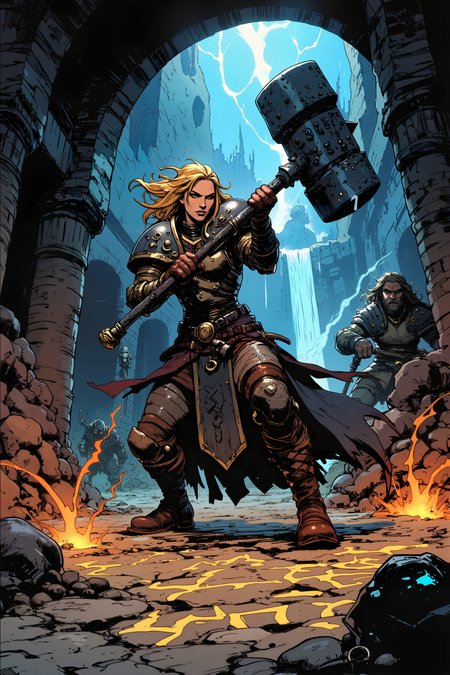 A dwarven battle-priestess trains with a massive war hammer in an underground temple complex. Magical runes carved into the stone floor light up with each strike of her weapon. Her armor is forged from metals blessed by mountain spirits, with embedded crystals that pulse with inner light. Streams of sacred water flow around her training area, creating musical accompaniments to her practice. , detailed background  Fantastic lighting. Detailed shadows.intricate details, vivid colors, hyper-detailed, ultra-sharp, , <lora:Ev_Ganin:0.4><lora:Vintage comic book:0.4><lora:RetroAnimeFluxV1:0.15><lora:Greg_Capullo_style:0.4><lora:jeanClaude_Mzires_Style_FLUX-000001:0.4><lora:Flux_Ink_Anime:0.4>