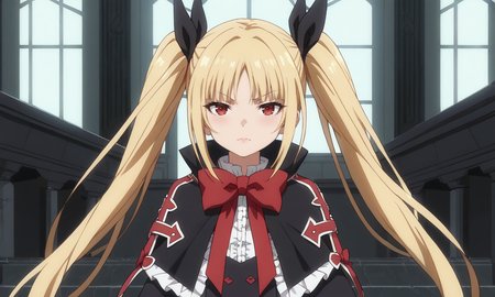 score_9, score_8_up, score_7_up, score_6_up, score_5_up, score_4_up, source_anime, anime screencap, masterpiece, insanely detailed, detailed background, zPDXL3, BREAK, RachelAlucardBB,1girl,solo,long hair,blonde hair,red eyes,red bow,ribbon,twintails,black hair ribbon,small breasts,frills,red bow,ghotic fashion,black capelet ,red cross pattern,black dress
