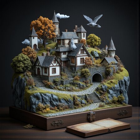 This is a miniature diorama that recreates a town lined with old buildings reminiscent of Medieval Europe, and a world where young, beautiful witches fly through the sky on broomsticks. It is placed next to a grimoire. Each roof and wall is carefully weathered, and professional lighting gives it an indistinguishable finish from the real thing.
<lora:Flux.1_Turbo_Detailer:0.7>, <lora:Diorama_Flux:0.9>