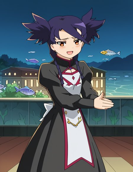 score_9, score_8_up, score_7_up, source_anime, <lora:nina-wang-s1-ponyxl-lora-nochekaiser:1>, nina wang, bangs, twintails, purple hair, braid, twin braids, orange eyes, anime screencap,, long sleeves, dress, jewelry, earrings, puffy sleeves, black dress, juliet sleeves,, city street, evening, streetlights, walking dog, quiet neighborhood, gentle breeze, smile, <lora:sakana-ponyxl-lora-nochekaiser:1> sakana, sakana~ (meme), meme, aquarium, standing on one leg, palms together, fish tank, own hands together, standing, outstretched arms, closed eyes, blush, open mouth,, looking at viewer, solo,, dutch angle, cowboy shot