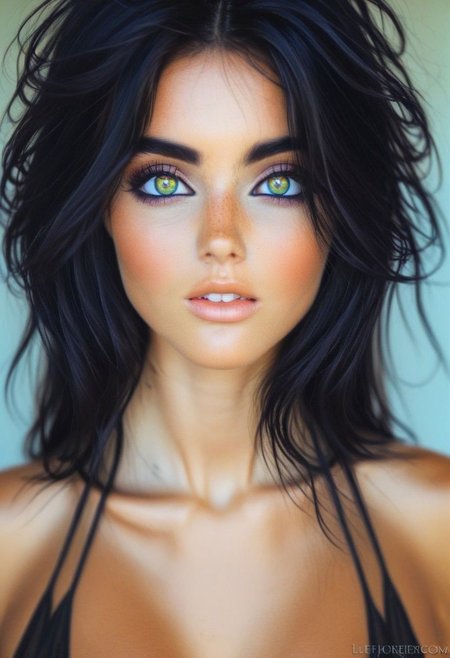 cute girl with large iridescent bright colorful eyes , intense gaze, toned torso and super thick dark black eyeliner and mascara. long hair down to shoulders, cute, dimples, slight smile, Exquisitely detailed close