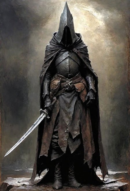 videogame art of (((Abyss Watchers)))
wearing (ragged, brigand, holding a giant metal sword,  leather tunic, metal plates and cloth, pointy shaped helmet, sewn together), gothic, legion,  by Jean-Baptiste Monge and Nicola Samori, Nazgul from lord of the rings, coif leather