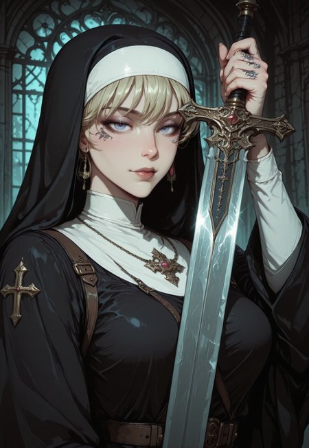 Unfazedfantasii, vantablack, OBxiaoxiang
A mystical woman nun,
A sensually rebellious nun, her forbidden allure highlighted by intricate tattoos peeking out from beneath her traditionally modest habit. Holding a gleaming longsword with a confident grip, her face fills the frame with an intensity that draws in the viewer. This realistic portrait captures every crease and imperfection in her weathered skin, heavily shadowed to add a mysterious depth to her expression. The cigarette held delicately between her lips adds a touch of danger to her otherwise serene visage. Overall, this impeccably detailed image evokes a sense of captivating contradiction and intrigue. 
 The art style is highly detailed, cinematic, and fantasy-inspired, with a focus on dramatic lighting, soft glows, and a slightly dark, mystical mood, Unfazedfantasii
