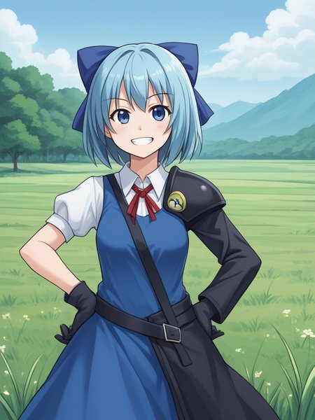 1girl, solo, adventchirno, blue hair, short hair, hair bow, blue bow, blue eyes, dress, neck ribbon, red ribbon, black gloves, asymmetrical sleeves, mismatched sleeves, single shoulder pad, strap, waist cape, outdoors, meadow, grass, standing, hands on hips, grin, smile, cowboy shot