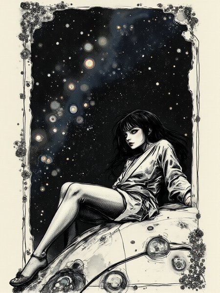 An illustrated image of a woman in traditional Japanese attire sitting on the roof of a spaceship.
<lora:InkEdgeMono-Complex_Epoch-08:0.9> 1NK3D63-M0N-C0M,  
<lora:inkedgemono-simple_epoch-08:0.6> 1NK3D63SIM, 
background is  <lora:Midjourney_Whisper_AgateX_v1:0.6>, border is lotus flowers, 
 <lora:Midjourney_Whisper_Minimal:0.9>