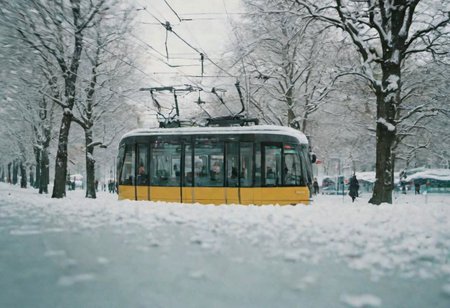 (Bokeh:1.1), kodak photo 38 mm, breath-taking film photography, movie effects, film grain, epic, masterpiece, best of the best, 4k uhd, intricate details, muted colors, wide shot of the modern tram passing by Vienna in winter, snowy, pines, gigantic frozen lake surrounding the whole frame, minimalistic, shallow depth of image, crisp, clear, haze lighting, muted colors, cloudy