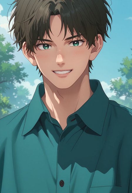 score_9, score_8_up, score_7_up, source_anime, rating_safe, Ousfection, 1boy, male focus, anime screencap, teal collared shirt, soft smile,