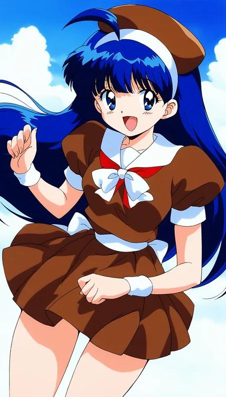 score_9, score_8_up, score_7_up, source_anime, rating_explicit, BREAK <lora:Tsurugino_Hikari_XL:0.8>Tsurugino_Hikari, long hair, blue hair, 1990s (style), hairband, blue eyes, bangs, ahoge, small breasts,
1girl, solo, brown hat, retro artstyle, skirt, open mouth, School uniform, smile, 
wristband, looking at viewer,  puffy sleeves, short sleeves, bow, 
brown dress, :d
dauy, sky, outdoor.