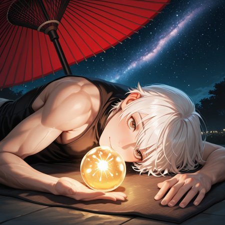 masterpiece, best quality, amazing quality, absurdres, newest, detailed background, definition so sharp, Ultra-HD, 8K cinematic, very awa, impressionate, amazing quality, highres, 
solo, male focus, manly, 
yashiroisana, 1boy, short hair, bangs, shiro_white hair, shiro_brown eyes, oil-paper umbrella, lying down, looking up, dreamy expression, calm, starry sky, glowing orbs, aesthetic, ethereal, playful, serene
