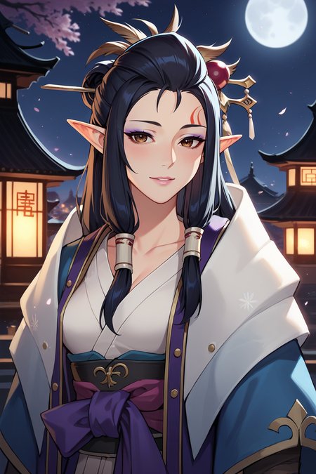 score_9, score_8_up, score_7_up, source_anime, 1girl, prefect lighting, very aesthetic, intricate details, highly detailed background, masterpiece, high quality, prefect hands, best quality, solo,
<lora:Third_Fleet_Master_MHW_V1:.85>, KJOtfm, elf, pointy ears, black hair, brown eyes, hair tubes, half updo, hairpin, feather hair ornament, long hair, forehead mark, purple eyeshadow, pink lips, big nose,
kimono, purple sash, white scarf, 
light smile, parted lips, head tilt, blush,
east asian architecture, night, moon, dark,
(Beautiful, medium Breasts:1.2), natural breasts,