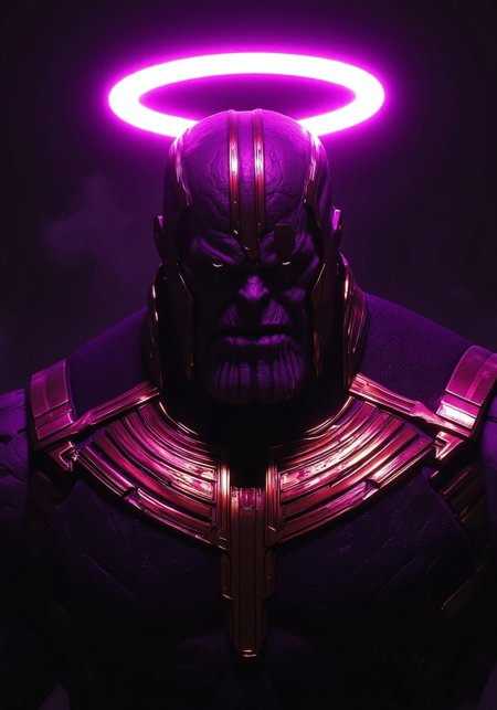Dark, Thanos,  with a severe expression,  wearing dark purple/black,  armored outfit with intricate details.  Detailed, textured,  metal-like armor,  deep purple tones,  highlighting muscular form.  Massive,  chiseled jawline and prominent,  wrinkled skin. A halo-like,  glowing,  neon-pink ring surrounds the head,  casting dramatic light and shadow.  Dark background with a deep purple/gray gradient.  A feeling of power and  darkness emanates from the figure.  The pose is a three-quarter view, emphasizing the chest and upper body.  Composition centers on the character.  High contrast lighting and intense shadows add to the dramatic feel.  The lighting is dramatic, using a halo effect around the character's head.  The style is reminiscent of comic book art and digital art, with a focus on anatomical precision and  high-detail rendering.  The overall mood is intense, powerful, and sinister.