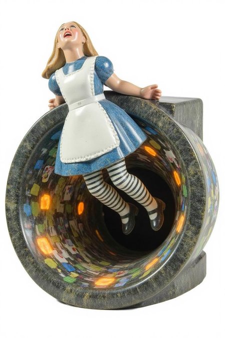 sculpture of
Alice in Wonderland falling into the rabbit hole, with her legs dangling beneath her. She is looking upward, her face filled with shock and terror as she screams. Her blue dress and white apron billow out around her as she tumbles, while her striped stockings and black shoes are visible below. The rabbit hole is a swirling, chaotic mix of vibrant colors, playing cards, teacups, and other Wonderland objects floating around her. Soft glowing light emanates from the tunnel walls, adding an eerie, fantastical feel to the scene. The sense of motion and fear is palpable as Alice falls deeper into the unknown. The background is stark white.  <lora:inuit_cap_d6a3e12:1.0><lora:821729876546668788:0>