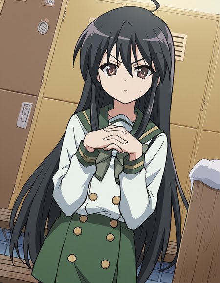 score_9, score_8_up, score_7_up, source_anime, <lora:shakugan-no-shana-s1-ponyxl-lora-nochekaiser:1>, shana, long hair, black hair, brown eyes, ahoge, sidelocks,, school uniform, serafuku, bowtie, green bowtie, white shirt, green sailor collar, long sleeves, green skirt, buttons, thighhighs,, locker room, lockers, benches, towels, showers, , <lora:gendou-pose-ponyxl-lora-nochekaiser:1>, gendou pose, own hands clasped, own hands together, parody,, looking at viewer, solo,, dutch angle, cowboy shot