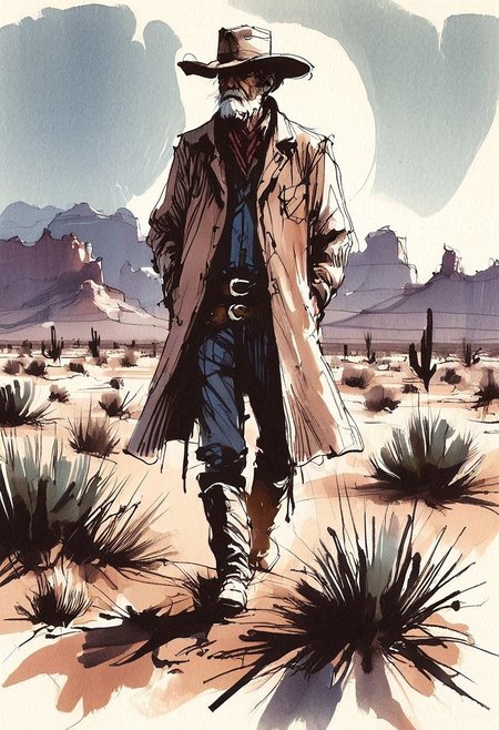 inksketch,
 an old cowboy in a duster standing alone in the desert,