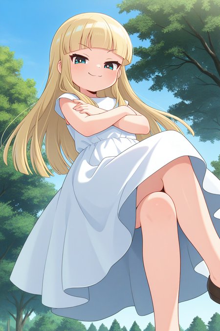 masterpiece, best quality, amazing quality, absurdres, solo, miyoakino, smile, smug, crossed arms, crossed legs, floating, flying, looking at viewer, looking down, blonde hair, white dress, outdoors, park, trees, blue sky