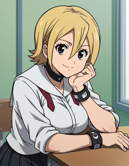 score_9, score_8_up, score_7_up, source_anime, <lora:hime-onizuka-s2-ponyxl-lora-nochekaiser:1>, hime onizuka, short hair, blonde hair, hair between eyes, black eyes, large breasts,, skirt, school uniform, pleated skirt, choker, wristband, sleeves rolled up, black skirt, pleated skirt,, indoors, smile, looking at viewer, solo, sitting, head rest, table,, cowboy shot, dutch angle