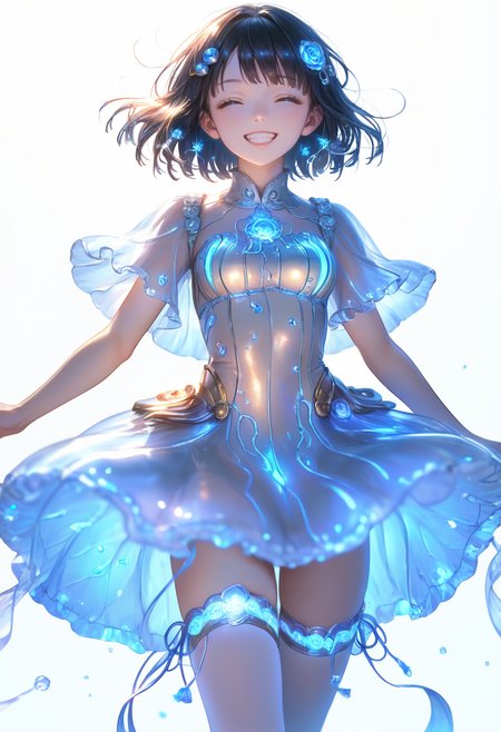 score_9, score_8_up, score_7_up, source_anime, masterpiece, best quality, perfect anatomy, very aesthetic, ((outlined outlined vector graphics)),no norm,
, cute face, (glow eyes:0.8), 1girl, 20yo, black hair, black eyes, short bob hair, hair pin,mdeium  breast, slender,(white thigh strap:1.1),solo, glittering, glowing, white background , simple background,   cute closed eyes , grin,
front view , looking at viewer , mdeium breast,fantasy,, standing , , action pose , blue dress,,clothed, ,(happy:1.0) ,open eyes  , jellyfish outfit,jellyfish dress, gold dress, <lora:jellyfish-outfit-01:1.0>