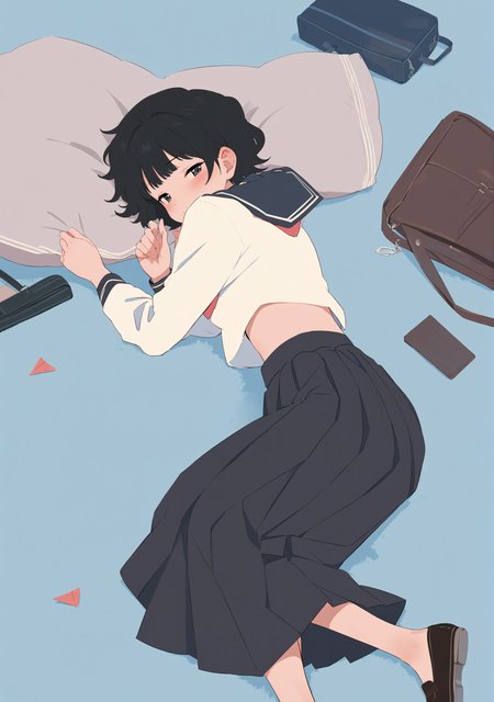 masterpiece, best quality,  <lora:style44-xl-a31:1>,1girl, solo, skirt, black hair, bag, school uniform, lying, on side, serafuku, black skirt, long sleeves, shirt, black sailor collar, short hair, sailor collar, white shirt, pleated skirt, school bag, from above, red neckerchief, neckerchief, black eyes, midriff, blue background, long skirt