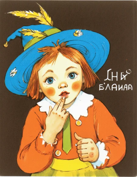 <lora:LV_NEW:1>, This is a vintage, hand-drawn illustration depicting a young child. The child is positioned centrally in the image, facing slightly to the left. They have a determined expression, with furrowed brows and a slightly open mouth, as if they are about to say something. The child has light skin and auburn hair, with a few freckles visible on their cheeks. They are wearing a blue, wide-brimmed hat adorned with yellow feathers, which adds a whimsical touch to their outfit., 
The child is dressed in a bright orange shirt with a white collar, tucked into a yellow skirt. The shirt has a green tie, adding a splash of color. The child's left hand is raised to their mouth, with their index finger extended, suggesting they are about to speak or make a point., 
The background is a dark, solid color, likely intended to make the child stand out more prominently. To the right side of the image, there is a handwritten text in Russian, which translates to "I'll tell." The illustration has a warm, nostalgic feel, characteristic of vintage children's books, with a simple yet expressive style.