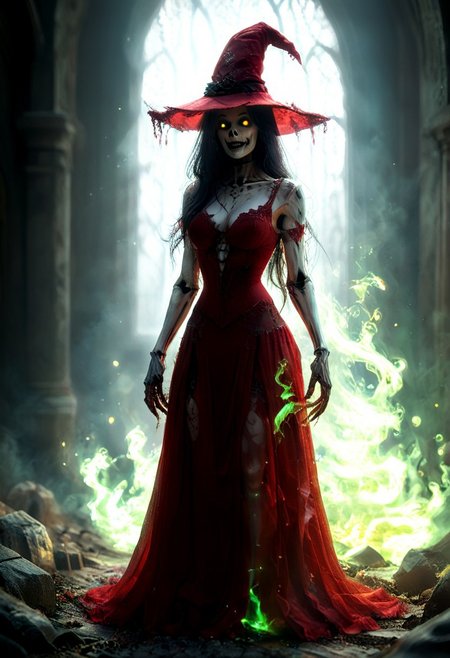An undead necromancer woman skeleton wearing an wearing reij-rosie, red dress and hat standing a gothic laboratory in full body view, holds a magic book glow with a bluish flame. The woman looks at the cauldron with an evil smile, surrounded by glowing green flames, trapped glowing luminous fae creatures in jars, in dark fantasy style, fantasy concept art, dramatic lighting, cinematic, hyper realistic, sharp focus, ultra high resolution, sharp details, vibrant colors, CyberRealistic_Negative_PONY, masterpiece, best quality, highly detailed, sharp focus, dynamic lighting,HKMagic,novuschroma60 style bokeh