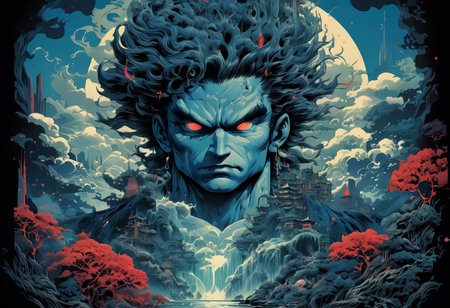 Anime illustration inspired by the four elements of nature, reminiscent of the style of James Jean, the iconic Goku from Dragon Ball navigates a port city setting, depicted in a poster format akin to the detailed atmospheric portraits of John Pitre, combining elements of deathcore and biopunk horror art. The dark and intricate scene unfolds with unique illustrations and precisionist oil painting techniques, incorporating airbrushed mystical landscapes and intricate psychedelic details, all in a palette of dark azure and red, evoking a witchcore aesthetic.