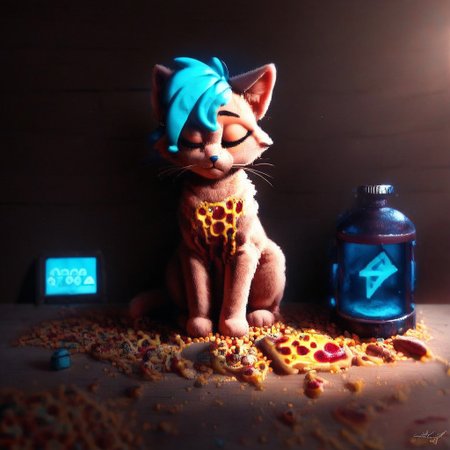 candy kitty, top down full body view, neon blue glow, ((cute adorable and fluffy cat sleeping ontop of a pizza what rests ontop of a pizza box)), futuristic robot cat, fluffy wild kitty cat, NightScapes, pizza, neko, cat, feline, cheese strings, juicy, perfectly baked pizza, juicy pepperony pizza, cozy atmosphere, creative light overlay, 4k, masterpiece, (masterpiece), best quality, (4K), (cinematic lighting), highly detailed, 8K, UHD, ultra detailed, immersive picture, vivid colors, volumetric light, cinematic light, extremely detailed CG, clutter, thrash, cluttered shed, boxes labeled 'stuff', tangled cables, tools, batteries, charger, 18650 randomness, various objects, wall painting, low key, spot lighting, BREAK glass jars, liquid,  glass, glass bottle, red liquid, backlit, sleeping neko cat,