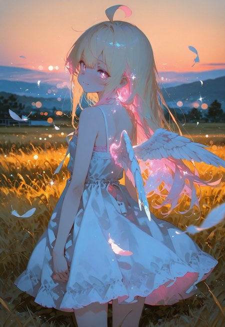 Back view,looking back,looking at viewer,smile,windy,floating grass

1 girl, short and petite,(waist length hair:1.2), straight hair,blonde hair, (vibrant pink accents hair:1.1),fair skin,pink eyes, sparkling eyes,ahoge,small wings ,floating feathers,

Sundress

Yellow grassfield waist deep,sunset,orange sky

Dark blue background, glimmer, sparkling effects, (anaglyph refraction:1.5),subtle (blue hue:0.8), and a strong (pink glow:1.4),(Bokeh around character:1.2),(character focus:1.2),

Cunnystyle,748cmstyle,Smooth_Quality,masterpiece,best quality,amazing quality, aesthetic,(vibrant colors:1.5),(bold lines:1.3),(saturated:1.4),((4k,8k,Ultra HD)),((Masterpiece :1.2)),((Best quality :1.2)),((Detailed :1.5)),((Detailed background :1.5)),